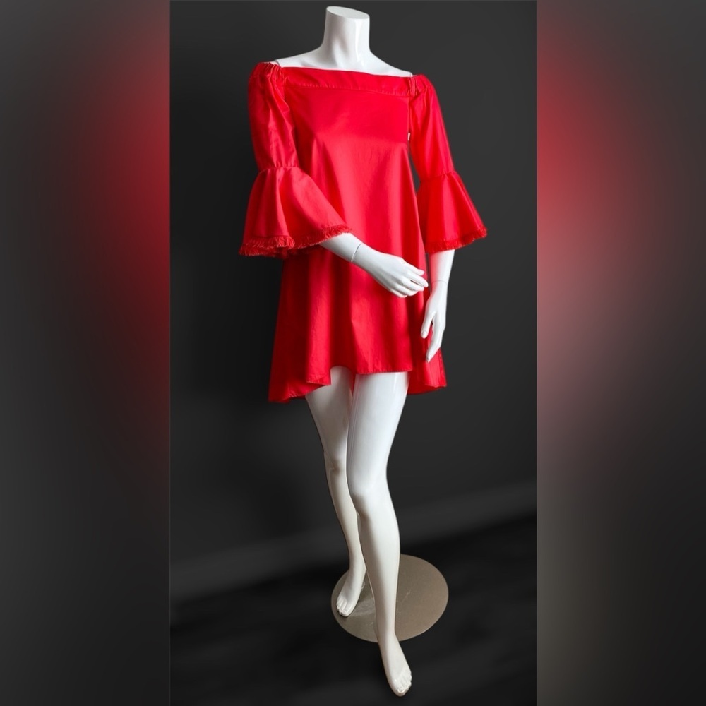 $398 N/Nicholas Red Bell Sleeve Off Shoulder High Low Cotton Mini Dress Vacation - Picture 8 of 13